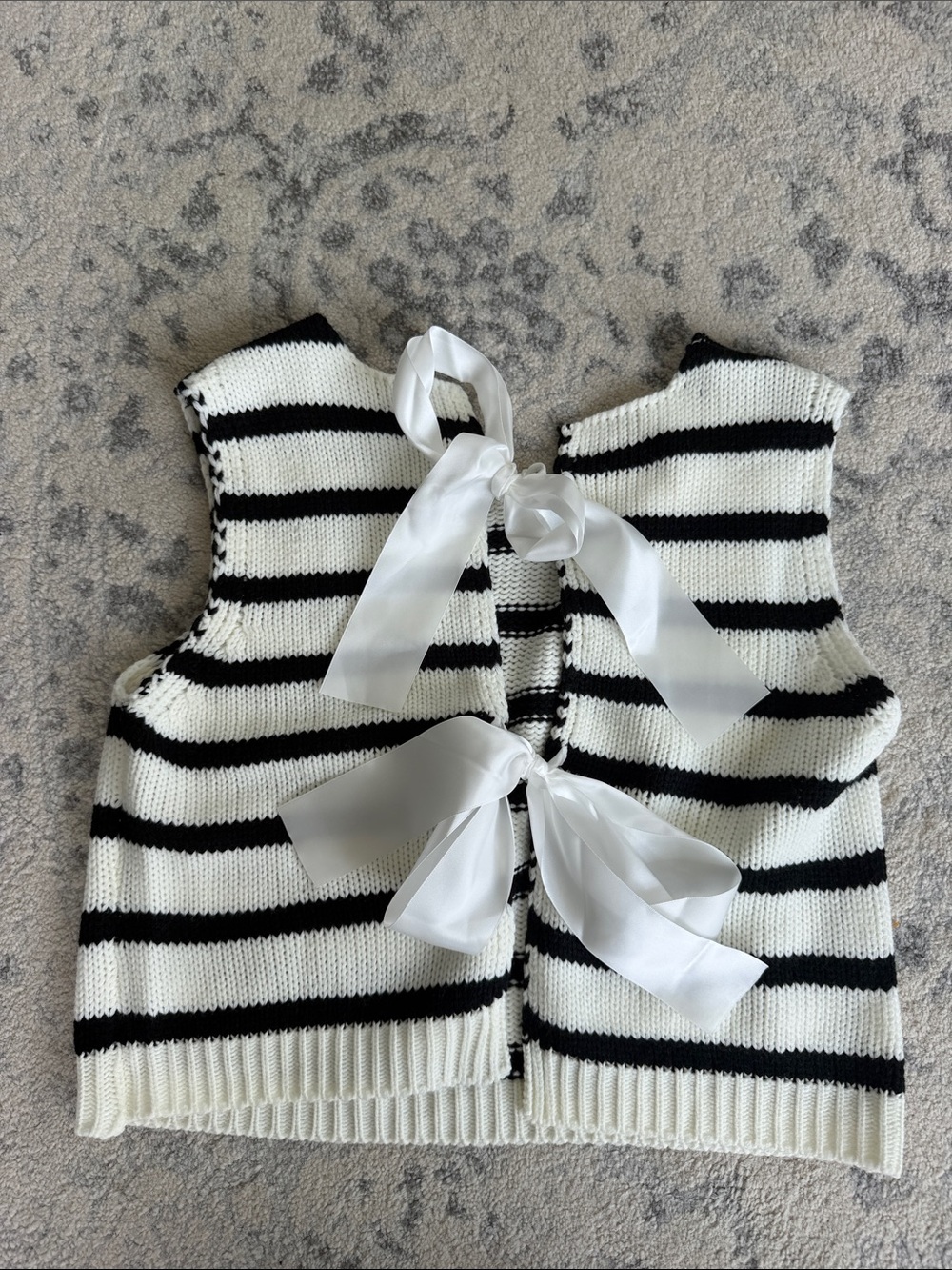 Black and White Striped Knit Vest with Satin Bows